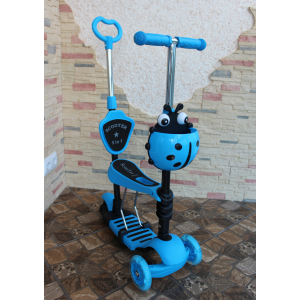 Детский трехколесный самокат трансформер Mini 5 в 1 Божья Коровка (голубой), MG13-BL