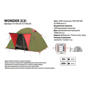 Палатка туристическая Tramp Lite Wonder 2-х местная, арт. TLT-005 (160х220х110)