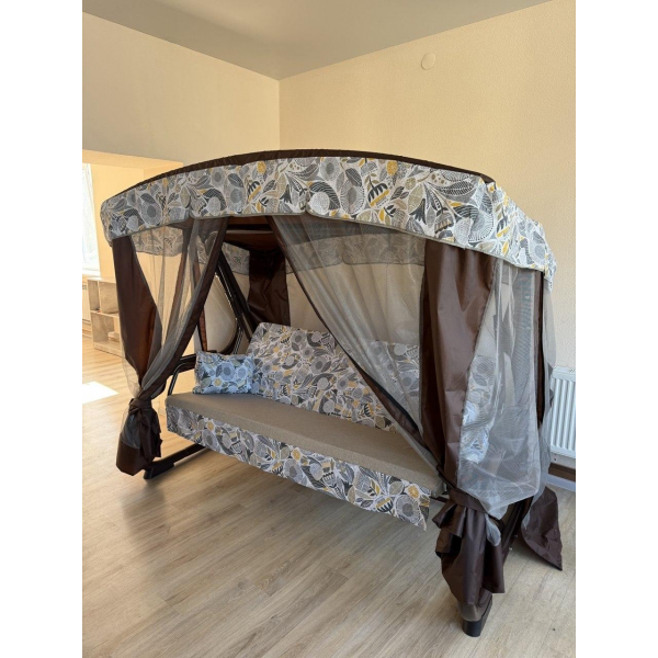 Качели садовые Мобеком Секвойя (коричневый матрас цветочный принт)  230х143х160 см